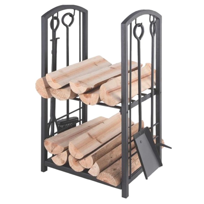 Etagère à bûches noire avec 4 accessoires