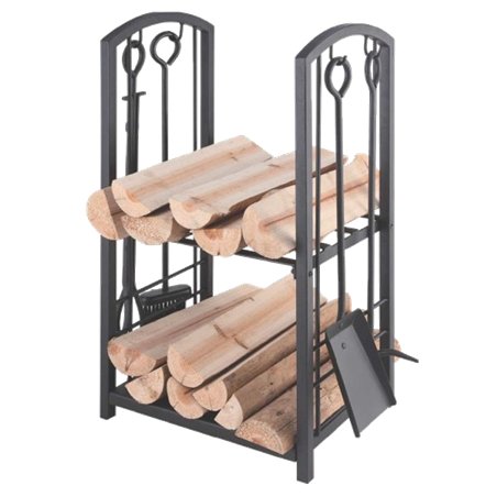 Etagère à bûches noire avec 4 accessoires