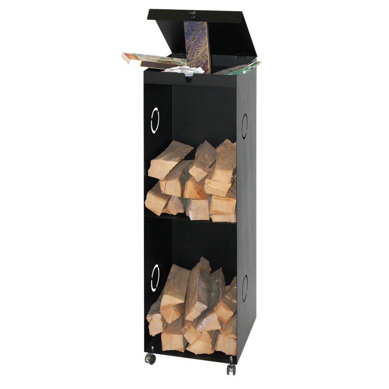 Etagère à bûches en métal noir avec compartiment de rangement et roulettes