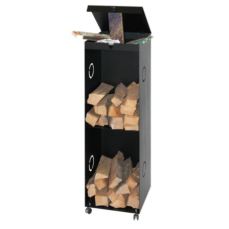 Etagère à bûches en métal noir avec compartiment de rangement et roulettes