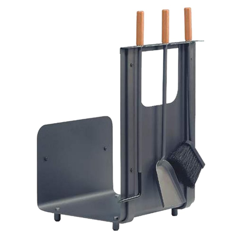 Serviteur de cheminée 3 pièces anthracite avec manche en hêtre