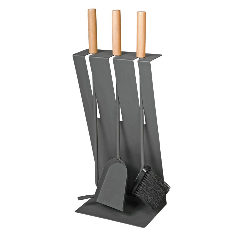 Serviteur de cheminée 3 pièces anthracite avec manche en bois