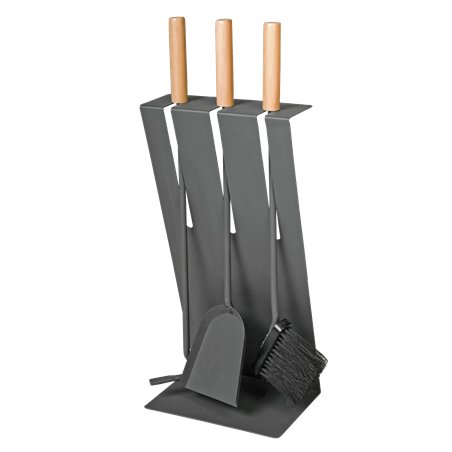 Serviteur de cheminée 3 pièces anthracite avec manche en bois