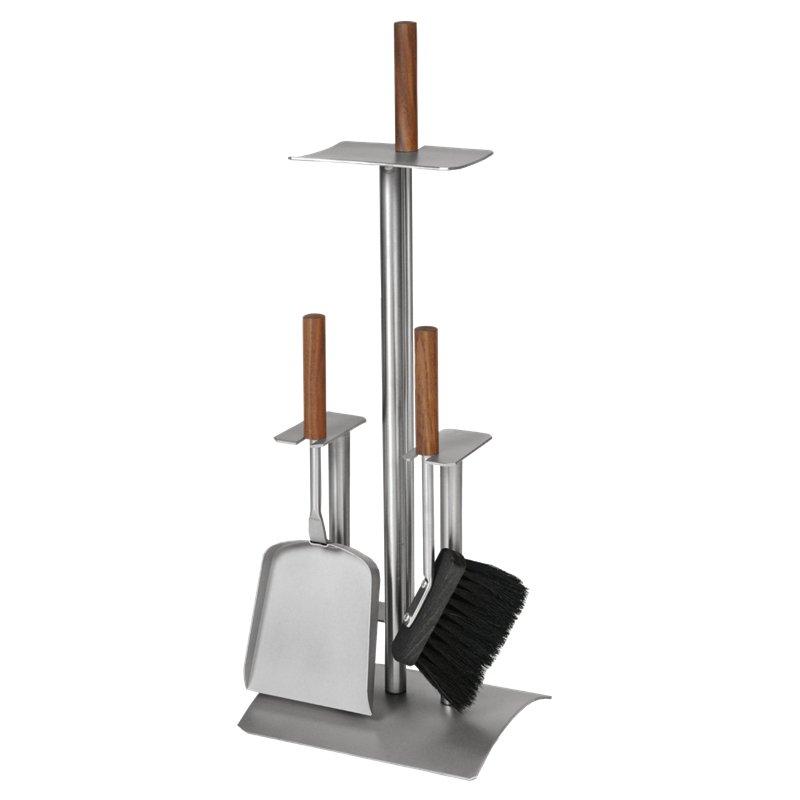 Serviteur de cheminée 3 pièces inox brossé mat avec manche en noyer