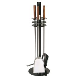 Serviteur de cheminée 3 pièces noir, accessoires inox avec manche en noyer