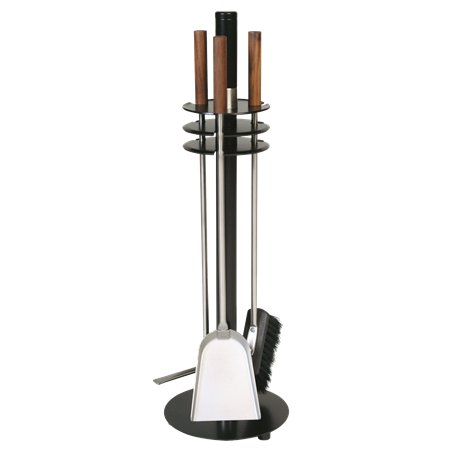 Serviteur de cheminée 3 pièces noir, accessoires inox avec manche en noyer