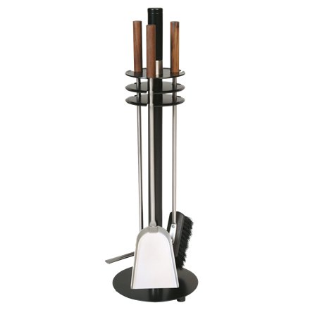 Serviteur de cheminée 3 pièces noir, accessoires inox avec manche en noyer