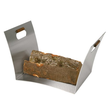 Panier à bûches inox brossé mat avec poignées en noyer