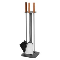 Serviteur de cheminée 3 pièces anthracite avec manche en noyer