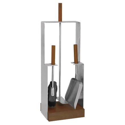Serviteur de cheminée 3 pièces inox brossé mat avec manche en noyer