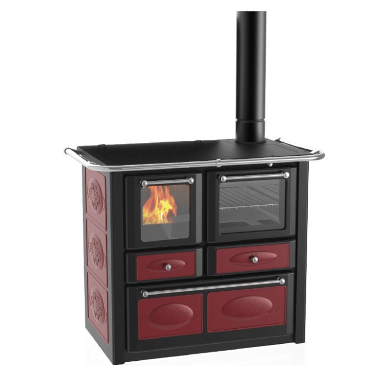 Cuisinière à bois Lincar Gaia 149A VL bordeaux avec four - Flamme visible