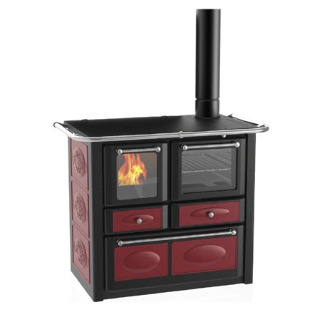 Cuisinière à bois Lincar Gaia 149A VL bordeaux avec four - Flamme visible
